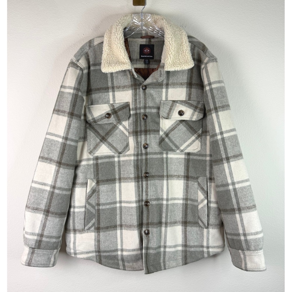 Mountain and Isles Jacket Mens M Grey Plaid Sherpa Collar Wool Blend Shacket